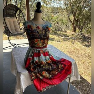 Vintage-Inspired Red & Blue Printed Fit-and-Flare Dress